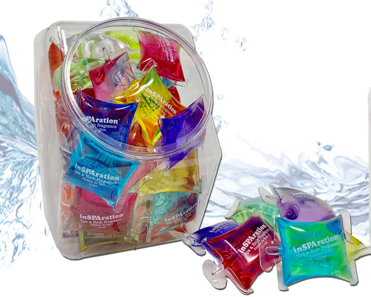 inSPAration Aromatherapy Pillow Packets – 50 count assorted scents in fish bowl container, spa-safe liquid fragrance for hot tubs and baths